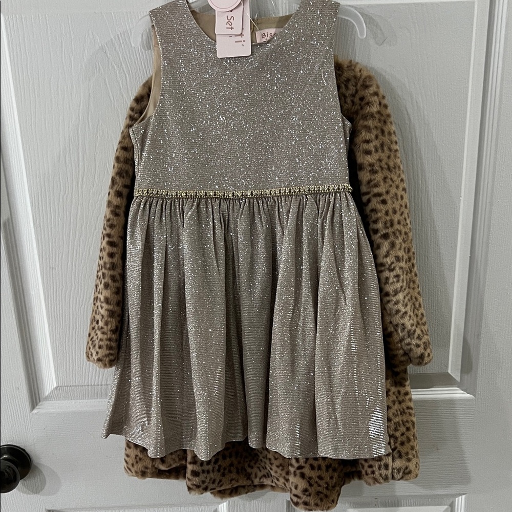New 2 pc. Biscotti Glittering Silver Dress and Matching Leopard Coat sz 5